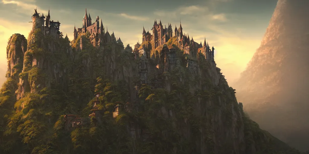 Prompt: A detailed film still of a high castle with ruined archs on the top of a mountain , trending on artstation, by studio Ghibli and Pixar, octane render, at dusk, frontal view, trending on artstation, very detailed