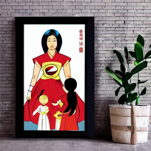 Prompt: Asian superhero teacher lady as mother of 2 little girls, asian propaganda poster for the new generations