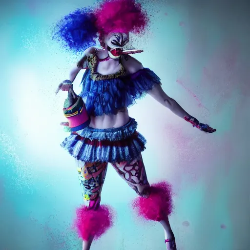 Prompt: full body pose, hyperrealistic mixed media painting of a flirty clown, dim volumetric lighting, 8 k, octane beautifully detailed render, extremely hyper detailed, intricate, epic composition, cinematic lighting, masterpiece, trending on artstation, very very detailed, masterpiece, stunning, hdr, smooth, sharp focus, high resolution, award, winning photo, dslr, 5 0 mm