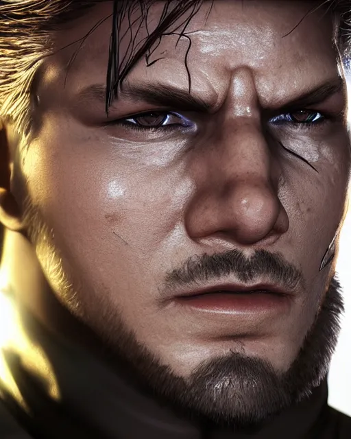 Image similar to solid snake bust portrait, cinematic lighting, backlit face, tired expression, close - up, black atmospheric background, 4 k ultra detailed photorealistic render, best of artstation hdr, official artwork hdr, redshift houdini