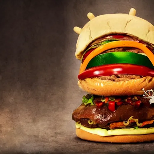 Image similar to a humanoid bipedal upright zombie that strongly resembles a hamburger, professional food photography