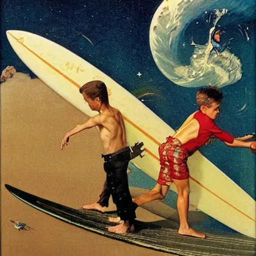 Image similar to surfing in space norman rockwell