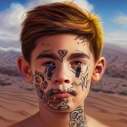 Image similar to a detailed portrait of a boy with a face tattoo in the desert, fantasy art illustration, incredibly highly detailed and realistic, 8 k, sharp focus