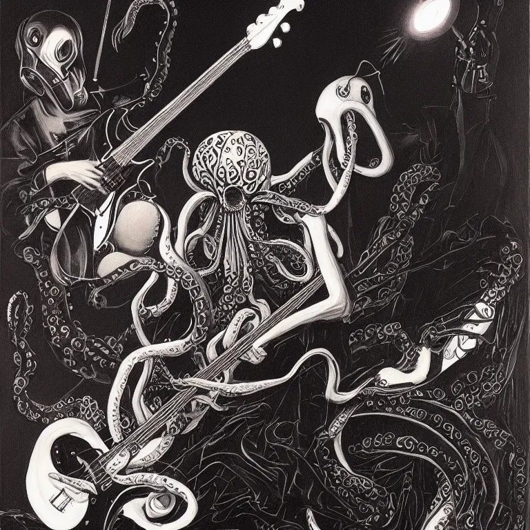 Image similar to a beautiful painting by gerald brom of a couple of octopus playing drums and telecaster guitar in an electronic concert, black background, concert light, dark mood, warm lights