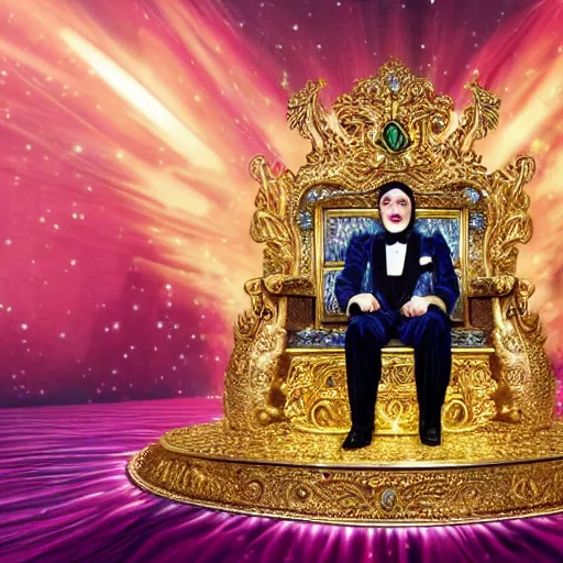 Prompt: shining giant throne made of millions of diamonds, gold and sapphires with thousands of light reflections, and a clown on a tuxedo suit is sitting on the throne while carrying an earth globe, dramatic light, digital painting, ultradetailed, artstation, oil painting