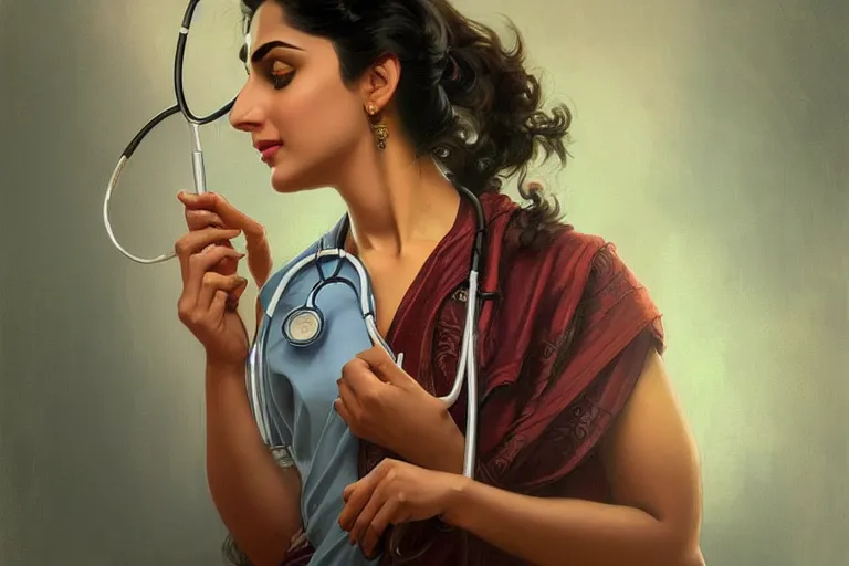 Image similar to sensual pale beautiful indian doctor in jeans with stethoscope, art deco portrait, elegant, intricate, digital painting, artstation, concept art, smooth, sharp focus, illustration, art by artgerm and greg rutkowski and alphonse mucha