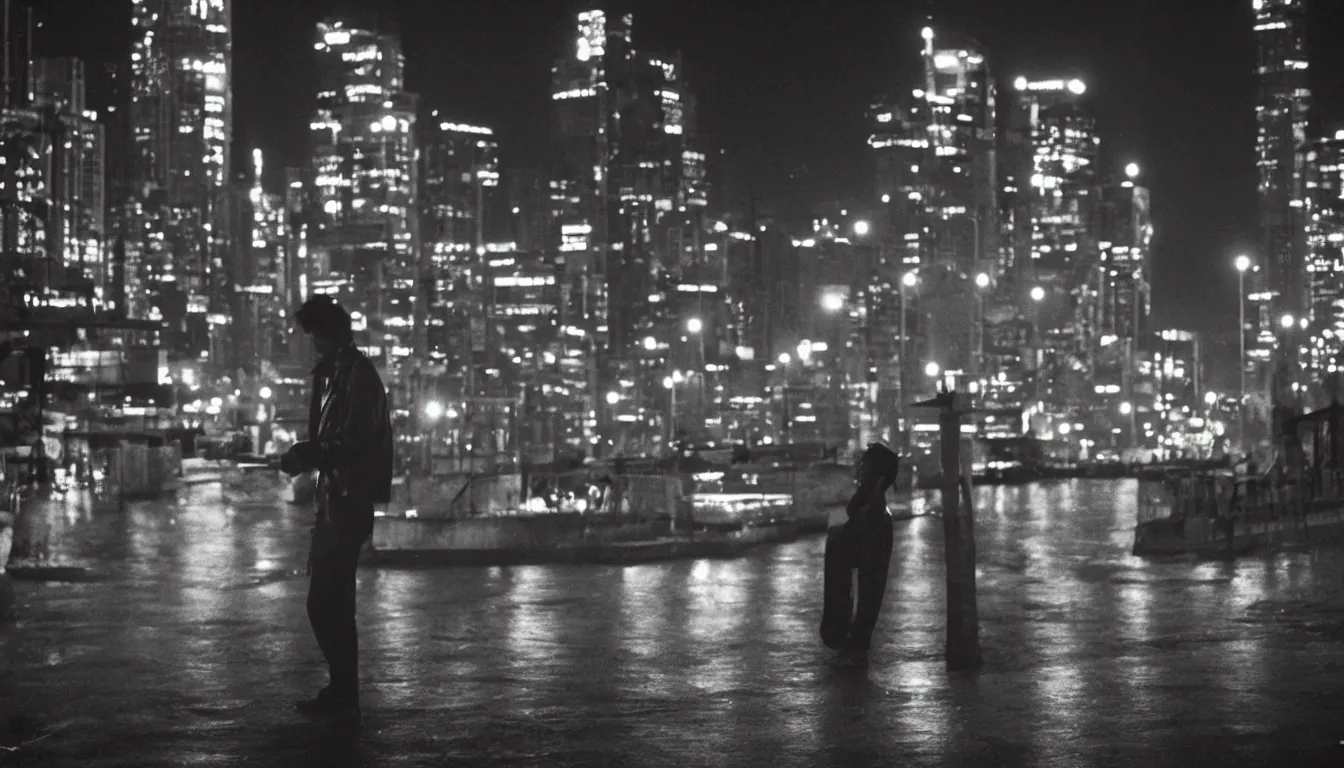 Image similar to 80s asian neon movie still with a man smoking cigarette by the river at night with lights city lights behind his back. Fallen angels still. hyperrealistic, high definition, medium format photography, highly detailed, tehnicolor