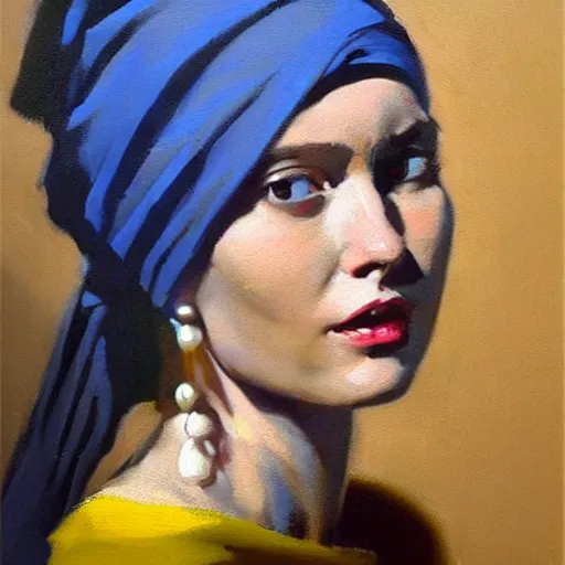 Image similar to greg manchess portrait painting of the girl with the pearl earring with the face of elon musk, medium shot, asymmetrical, profile picture, organic painting, sunny day, matte painting, bold shapes, hard edges, street art, trending on artstation, by huang guangjian and gil elvgren and gerald brom