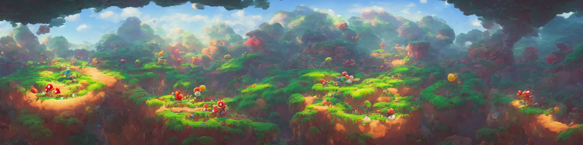 Image similar to 3 6 0 panoramic dynamics matte painting acrylic blur oil wonderland marioworld yoshi kurbi dofus, hight contrast, overlay layer photoshop, behance hd by jesper ejsing, by rhads, makoto shinkai and lois van baarle, ilya kuvshinov, rossdraws global illumination