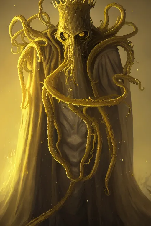 Image similar to A full body portrait of a mysterious character with no face with a very long hooded yellow cloak, a golden crown floating above his head tentacles coming out the ground art by James Paick, and Shaddy Safadi, ominous, cosmic horror, trending on artstation, Ultra detailed, hyper realistic 4k