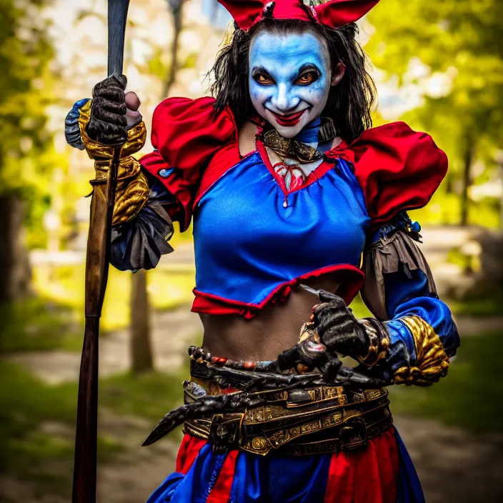 Image similar to photo of a real - life cute beautiful female jester warrior, 8 k, hdr, smooth, sharp focus, high resolution, award - winning photo