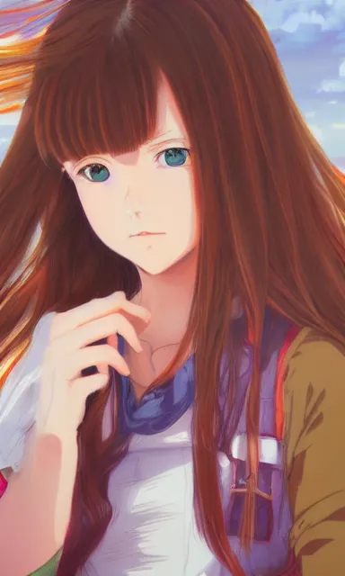 Image similar to a colorful scene of a girl with brown hair, anime, detailed background, female, portrait, trending on artstation, by studio ghibli