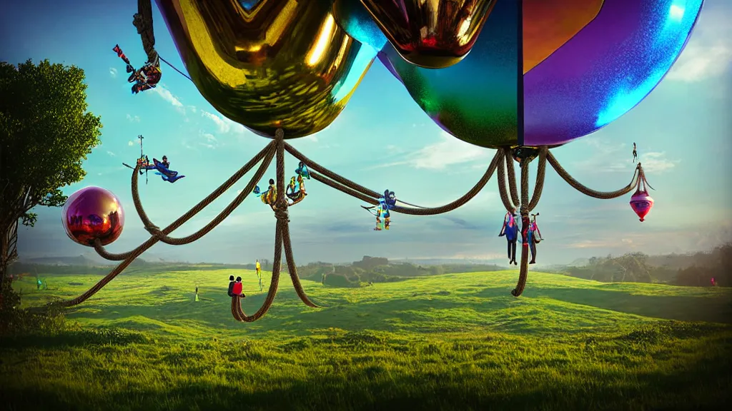 Image similar to large colorful futuristic space age metallic steampunk balloons with pipework and people on rope swings underneath, flying high over the beautiful countryside landscape, professional photography, 8 0 mm telephoto lens, realistic, detailed, digital art, unreal engine