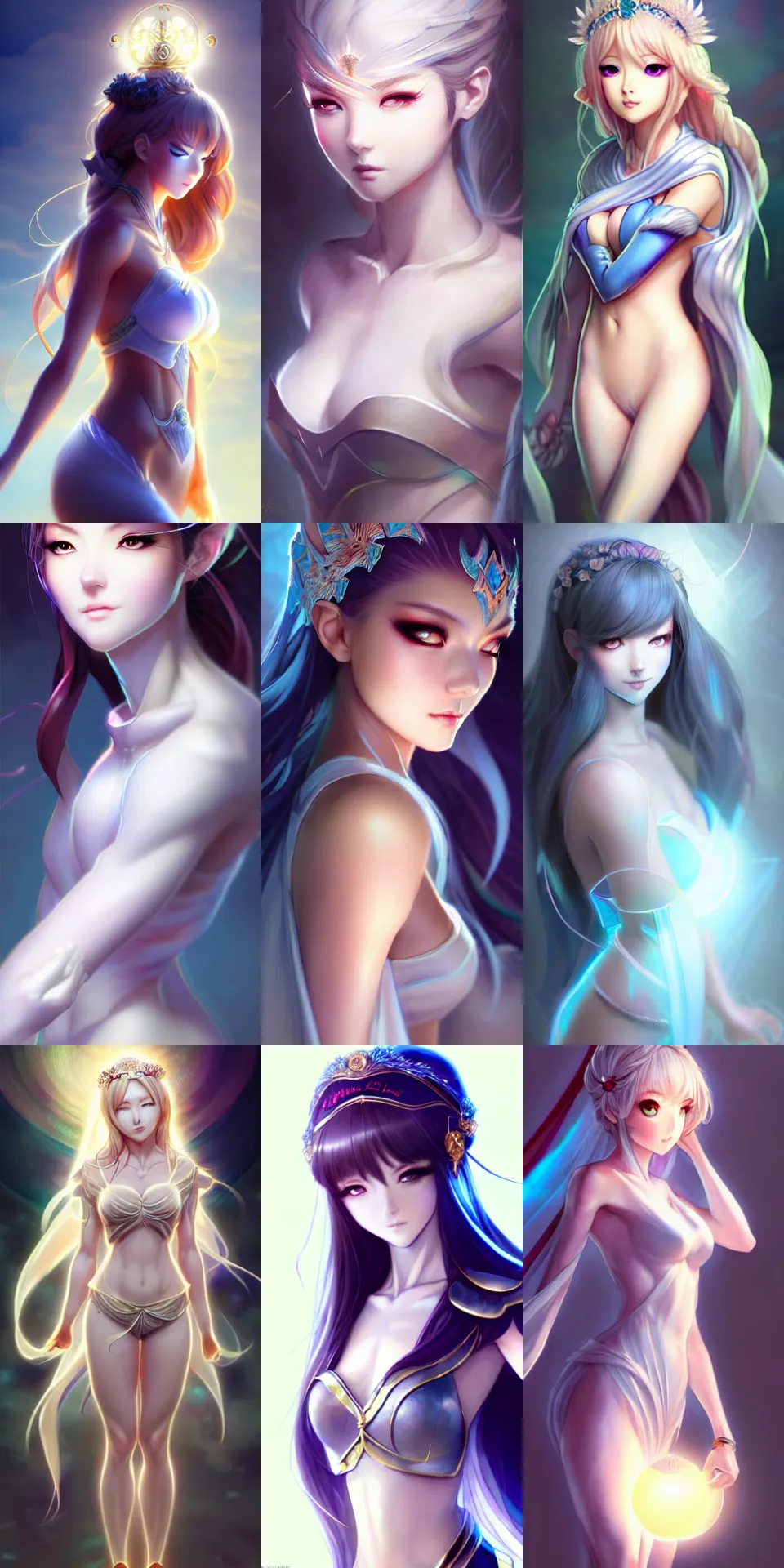 Prompt: full = body character costume concept design of a goddess of light and shadow | | realistic anime, cute - fine - face, pretty face, realistic shaded perfect face, fine details by artgerm, wlop, rossdraws, james jean, andrei riabovitchev, bangkuart, and sakimichan, seoul, south korea, trending on artstation