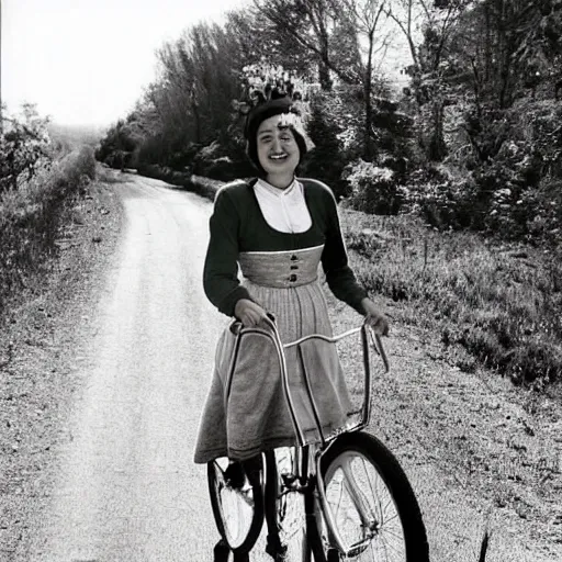 Image similar to a shy young woman is seen riding her bicycle while posing for a photograph in the 1 9 9 0 s on a rural road. she's dressed in a vintage alpine dirndl, a wool cardigan, brogue - style shoes, and bobby socks.