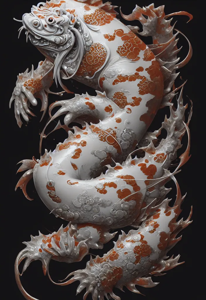 Image similar to subsurface scattering, white, koi, samurai deity with 4 arms, filigree, by jesper ejsing, james jean, justin gerard, tomasz alen kopera, cgsociety and fenghua zhong, highly detailed, rim light, cinematic lighting, illustration, art, octane render, very coherent, cinematic, hyper realism, high detail, 8 k