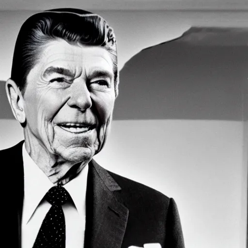 Image similar to wide angle 4 k portrait of ronald reagan showering