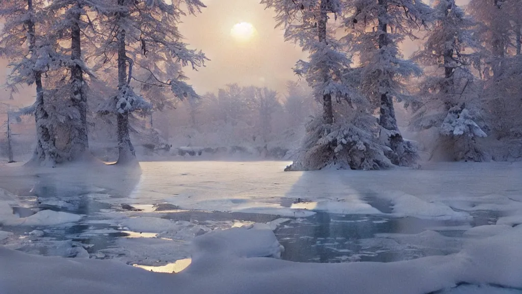 Image similar to the most beautiful panoramic landscape, oil painting, where a giant dreamy lake is frozen, the trees around have snow over their leafs, a giant polar bear is exhaling steam while walking over the frozen lake, the frozen lake is reflecting the giant polar bear and the ray lights of the sunrise are brightening him, by greg rutkowski