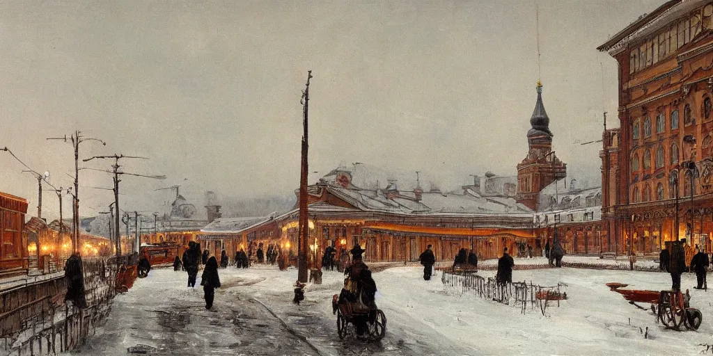 Prompt: Train Depot in Saint Petersburg in 1914 in winter, morning, trending on Artstation