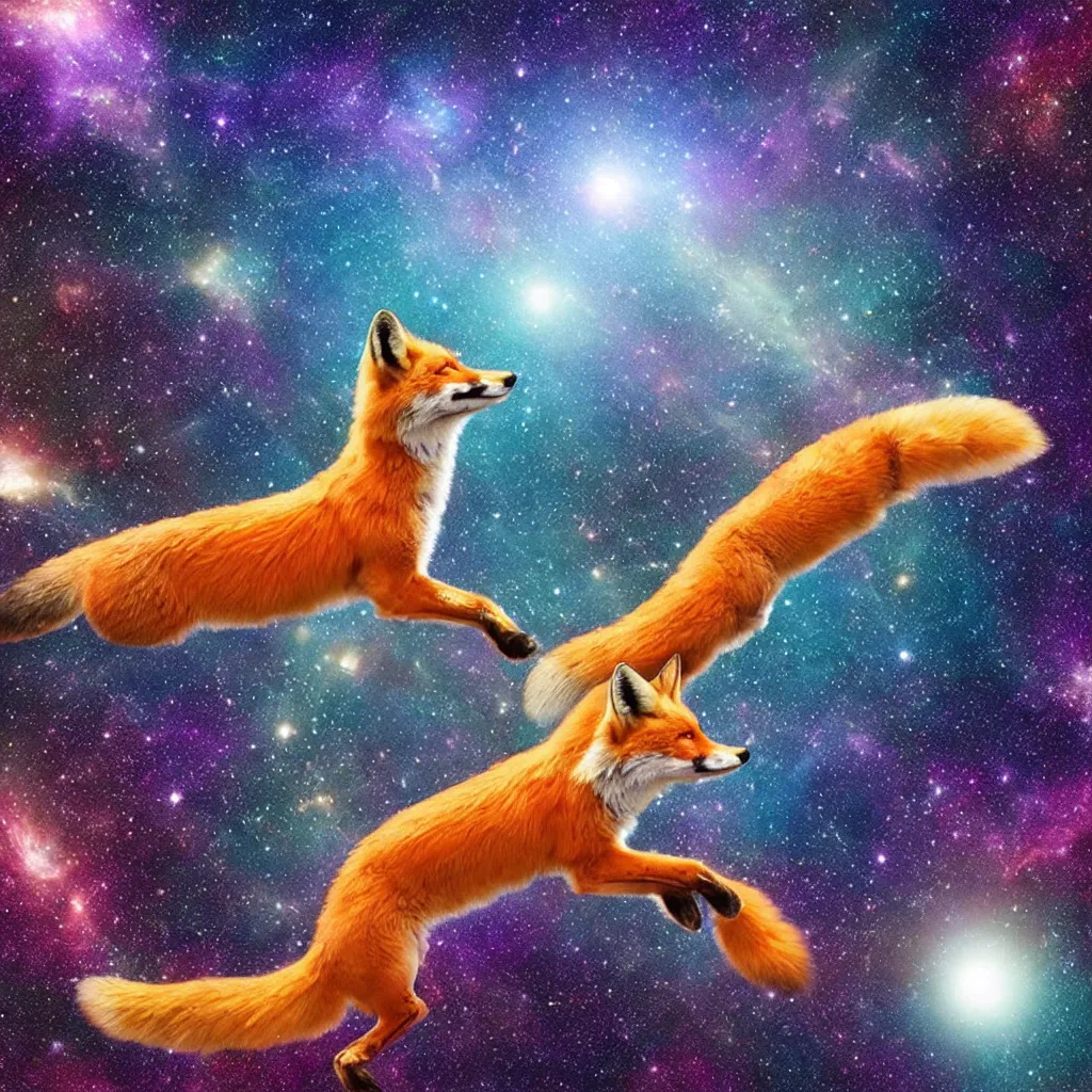 Prompt: a fox swimming in a lake in space staring up at a galaxy, realistic, colorful