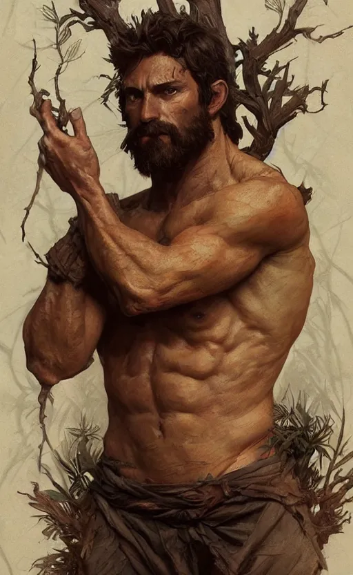 Image similar to portrait of the god of the forest, 30 years old, rugged, male, gorgeous, detailed face, amazing, thighs!!!!!!, muscular, intricate, highly detailed, digital painting, artstation, concept art, sharp focus, illustration, art by greg rutkowski and alphonse mucha