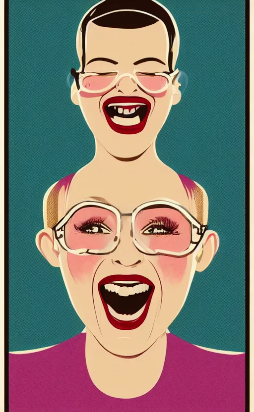 Image similar to illustration portrait of a woman with white buzzcut laughing out loud, art deco painting by tom whalen, funny meme photo, trending on behance, digital illustration, storybook illustration, grainy texture, flat shading, vector art, airbrush, pastel, watercolor, poster