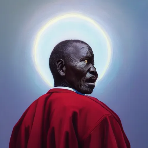 Image similar to a painting of a big wise elder from Kenya in a suit by Kehinde Wiley . dramatic angle, ethereal lights, details, smooth, sharp focus, illustration, realistic, cinematic, artstation, award winning, rgb , unreal engine, octane render, cinematic light, macro, depth of field, blur, red light and clouds from the back, highly detailed epic cinematic concept art CG render made in Maya, Blender and Photoshop, octane render, excellent composition, dynamic dramatic cinematic lighting, aesthetic, very inspirational, arthouse.