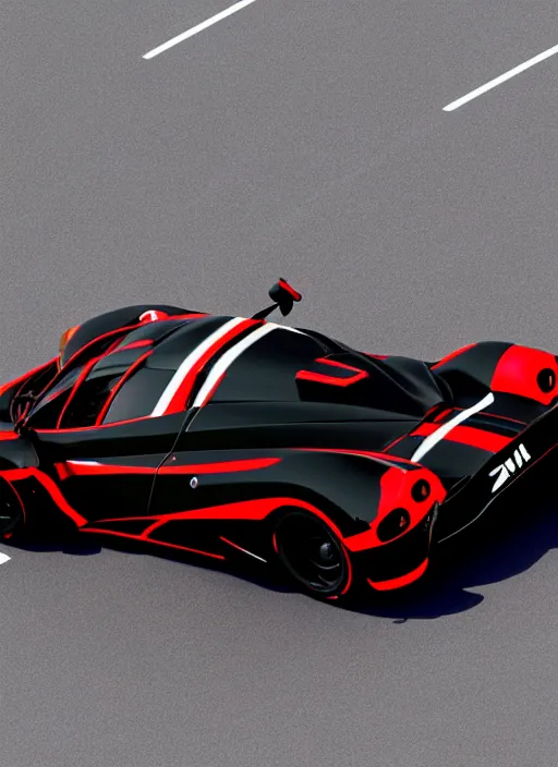 Prompt: Black with red striped Pagani Zonda R cornering on a racetrack, 3D render at 16K resolution,