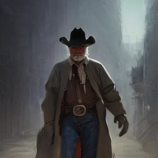 Image similar to portrait of a man with a long duster, grey hair and a cowboy hat walking in a western town, hard good looking face, middle aged, drawn by Ruan Jia, fantasy art, dramatic lighting, digital art, 8k, highly detailed