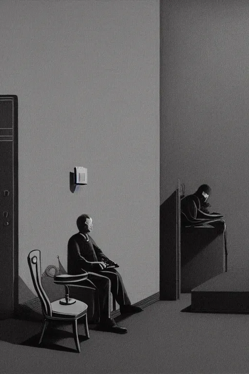 Prompt: Security guard sitting in a chair and watching monitor screens while smoking a cigarette, highly detailed, soft lighting, elegant, Wayne Barlowe, Edward Hopper and James Gilleard, Zdzislaw Beksinski, Steven Outram, highly detailed