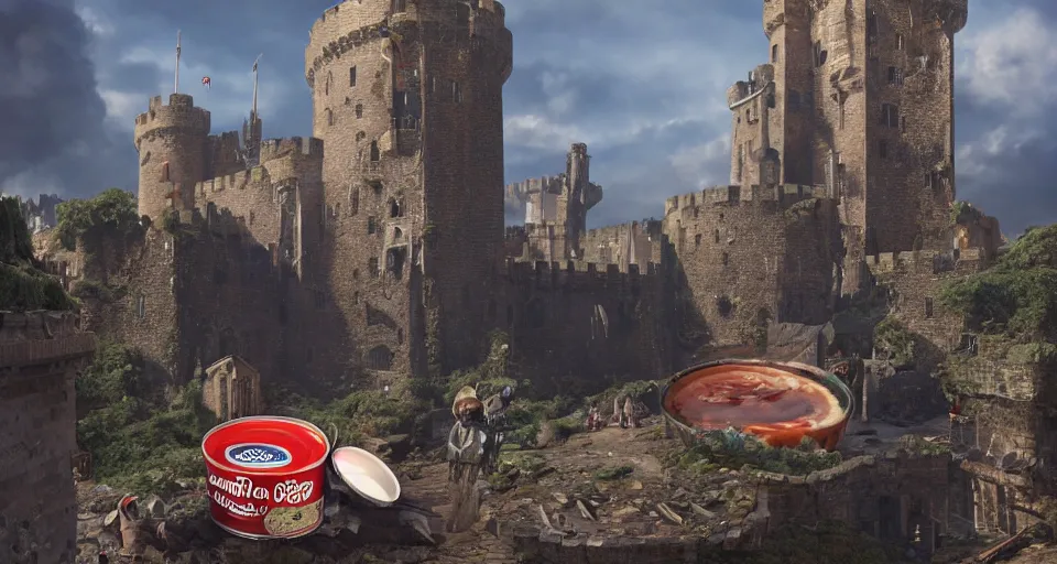 Prompt: ONE!!! GIANT HUGE CAMPBELL SOUP CAN CRASHED!!! INTO a Medieval city!!!!, Soup can crashed into a castle!!!! rendered by Beeple, environment concept, digital art, unreal engine, 3 point perspective, trending on artstation, low level, 4K UHD image, octane render,