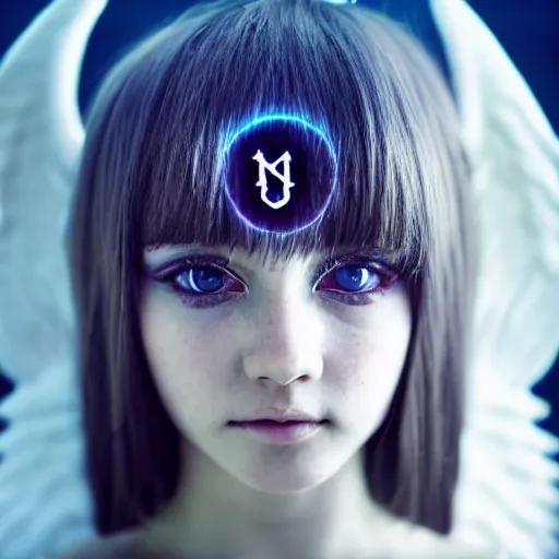 Image similar to prompt, insanely beautiful angel with runes on the head, modelsociety, radiant skin, huge anime eyes, rtx on, perfect face, intricate, sony a 7 r iv, symmetric balance, polarizing filter, photolab, lightroom, 4 k, dolby vision, photography award