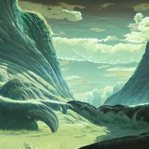 Image similar to concept art painting of prehistoric alien life, detailed, cel shaded, in the style of makoto shinkai and moebius and james gurney