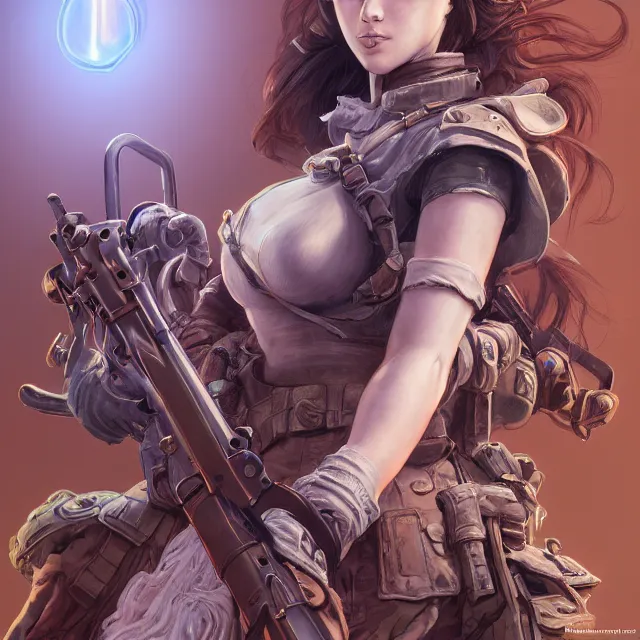 Image similar to the portrait of lawful neutral semi - colorful female infantry gunner as absurdly beautiful, gorgeous, elegant, young gravure idol, an ultrafine hyperdetailed illustration by kim jung gi, irakli nadar, intricate linework, bright colors, octopath traveler, final fantasy, unreal engine 5 highly rendered, global illumination, radiant light, detailed and intricate environment