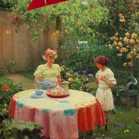 Image similar to a housewife and her daughter putting dishes on a table in the backyard, a tilted parasol sits above the table, a garden with colorful flowers in the background, rainy scene, cozy 1 9 5 0's, medium symmetry, by ilya repin, extreme detail, attention to detail, 8 k, intricate abstract, photorealistic