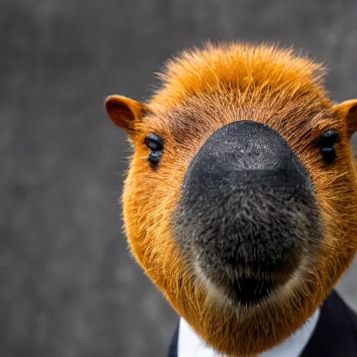 Image similar to a high detail photo of an antropomorphic capybara wearing a suit, subject= duck, subject detail: wearing a suit, photorealism