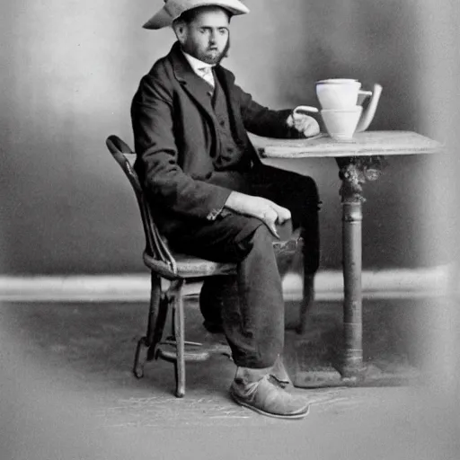 Prompt: photo in the year 1 9 2 5 of a frenchman from france seated in a restaurant. 5 0 mm, studio lighting