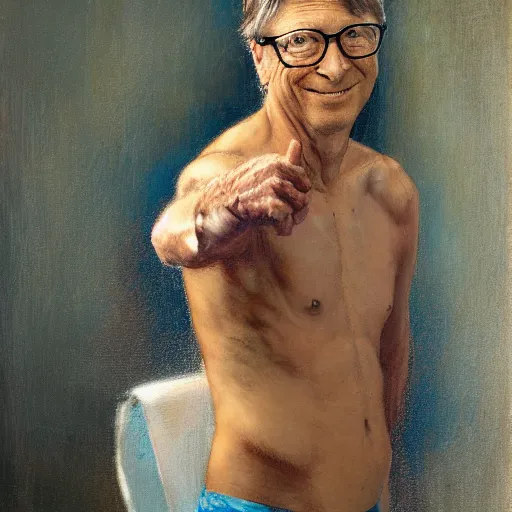 Image similar to Bill Gates with an shredded, toned, inverted triangle body type, painting by Gaston Bussiere, Craig Mullins, XF IQ4, 150MP, 50mm, F1.4, ISO 200, 1/160s, natural light