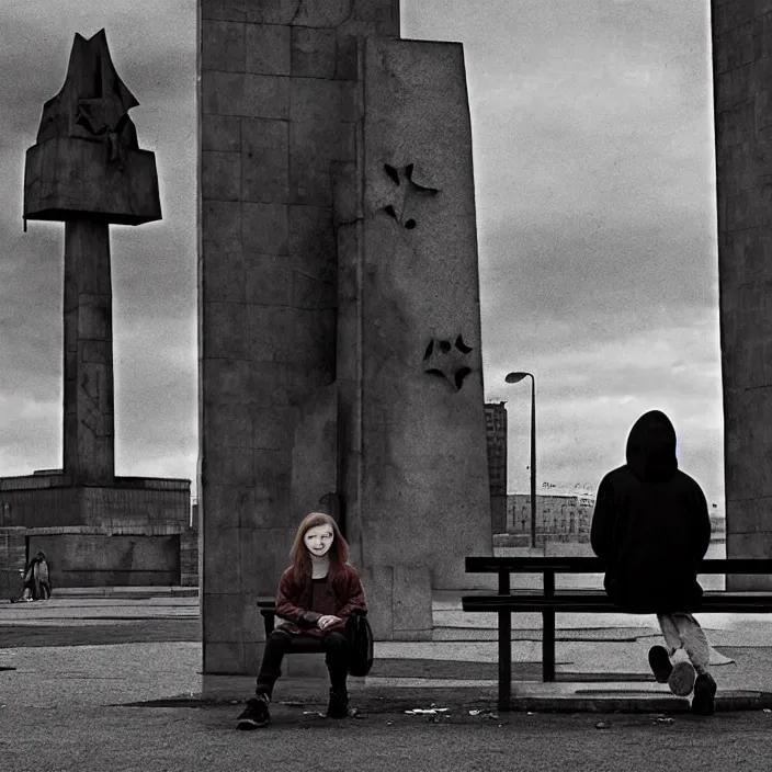Prompt: sadie sink in hoodie sat on bench in ruined square, pedestrians walk by. background of old soviet monument and pedestrians. storyboard, scifi cyberpunk. by gabriel hardman, joe alves, chris bonura. cinematic atmosphere, detailed and intricate, perfect anatomy