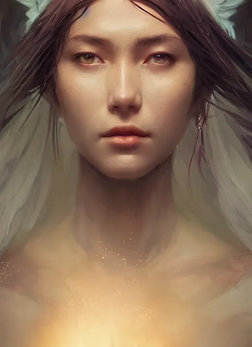 Image similar to A portrait of a beautiful goddess by Greg Rutkowski, Sung Choi, Mitchell Mohrhauser, Maciej Kuciara, Johnson Ting, Maxim Verehin, Peter Konig, final fantasy, 8k photorealistic, cinematic lighting, HD, high details, dramatic, atmospheric , trending on artstation