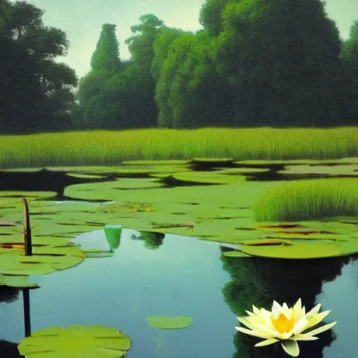 Image similar to a pond with water lillies in the forest, in the style of Rene Magritte,