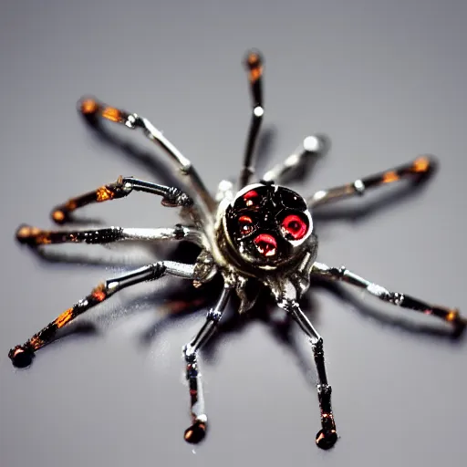 Image similar to macro photograph of a miniature mechanical spider made of silver and garnets, flickr