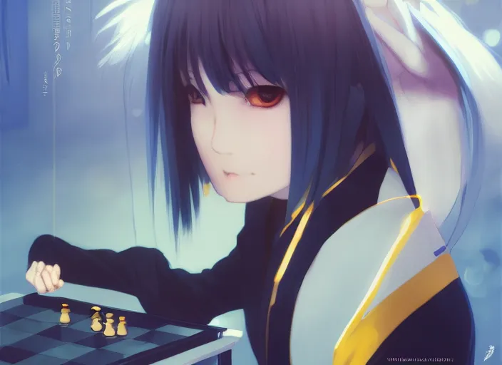 Image similar to rimuru playing chess, with gold eyes, sky blue straight hair, bangs, black jacket, high collar, concept art, award winning photography, digital painting, cinematic, by wlop, anime key visual, wlop, 8 k, by ross tran, tom bagshaw, ilya kuvshinov, andy warhol