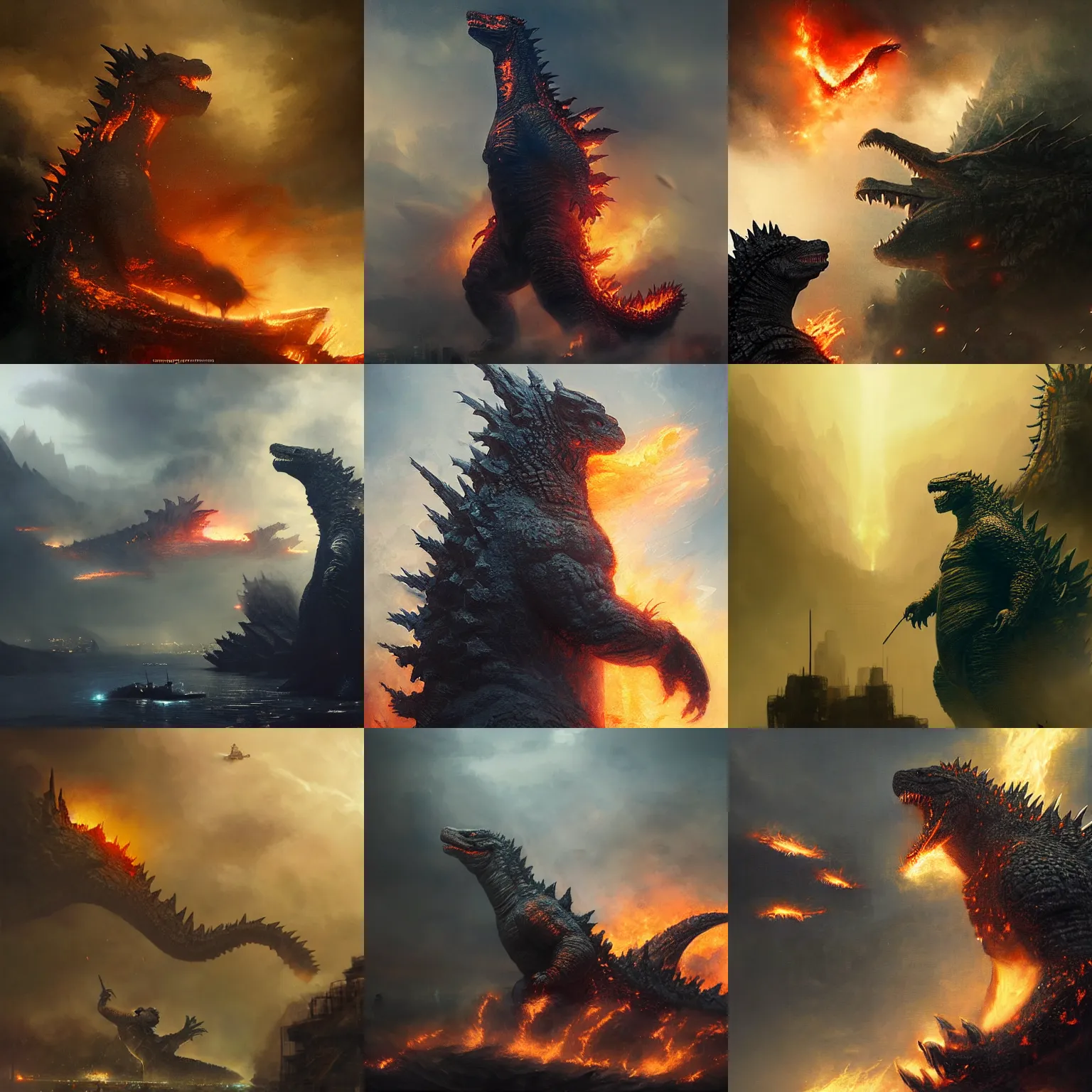 Prompt: godzilla, fire, helicopters, search lights, at night, dramatic lighting, highly detailed, digital painting, 3 d render, hyper realistic detailed portrait, greg rutkowski, wlop, ruan jia, peter mohrbacher