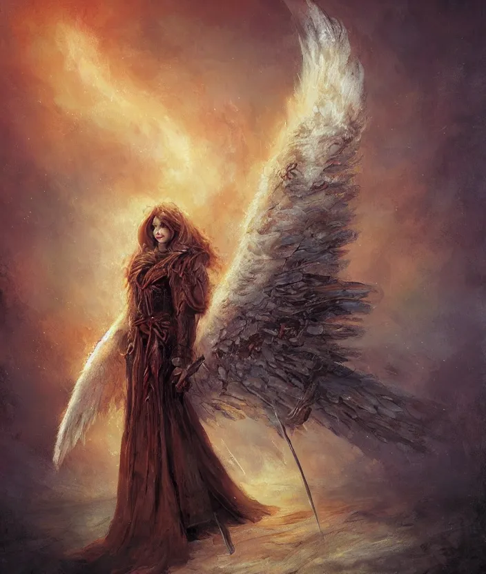 Prompt: Blizzard Angel Warrior, fur coat, mysterious, fantasy artwork, warm colors, by seb mckinnon