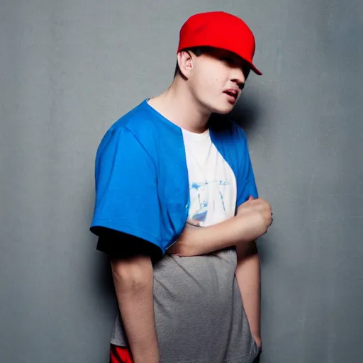 Prompt: a full body shot of an average white, short young - adult man with blue dyed hair holding a microphone, wearing a red backwards cap, white t - shirt with a red no symbol on it, blue long pants and red shoes, photoshoot, grey background