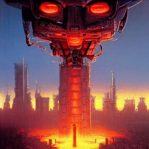 Prompt: giant robot with ominously glowing red eyes stands on top of city that is on fire, concept art, intricate details, highly detailed, in the style of chris foss, rodger dean, moebius, michael whelan, and gustave dore