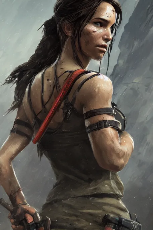 Image similar to a fancy portrait of Lara croft by Greg Rutkowski, Sung Choi, Mitchell Mohrhauser, Maciej Kuciara, Johnson Ting, Maxim Verehin, Peter Konig, final fantasy , mythical, 8k photorealistic, cinematic lighting, HD, high details, atmospheric,