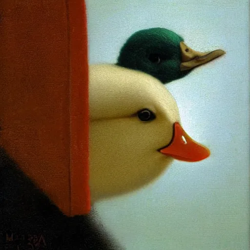 Prompt: a duck with a pearl earring by michael sowa.