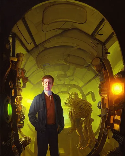 Prompt: medium - shot, vislor turlough played by mark strickson at age 1 8, at the alien space pub, crowded, with lights, interior, from doctor who series, artstation, highly detailed digital painting, smooth, global illumination, sci fi art by greg rutkowsky, karl spitzweg, leyendecker